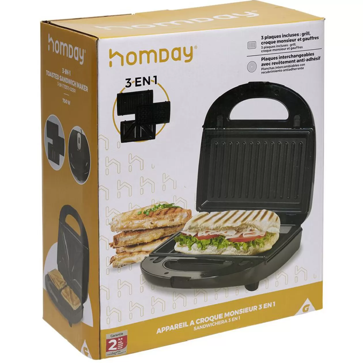 Gifi Appareil à croque monsieur 3en1 gaufre et grill 750W< Petit Électroménager