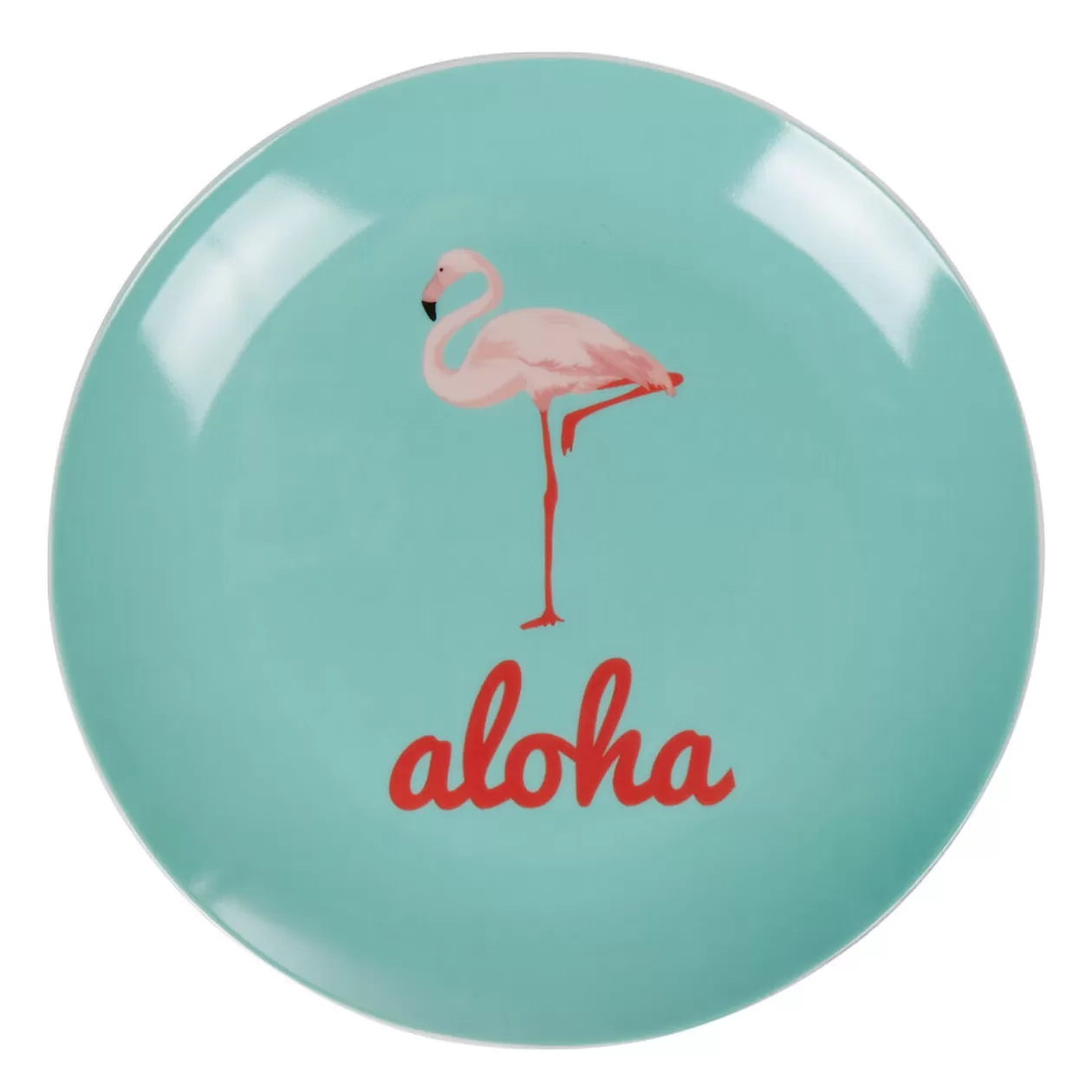 Assiette à dessert ronde bleu turquoise flamant rose aloha>Gifi New