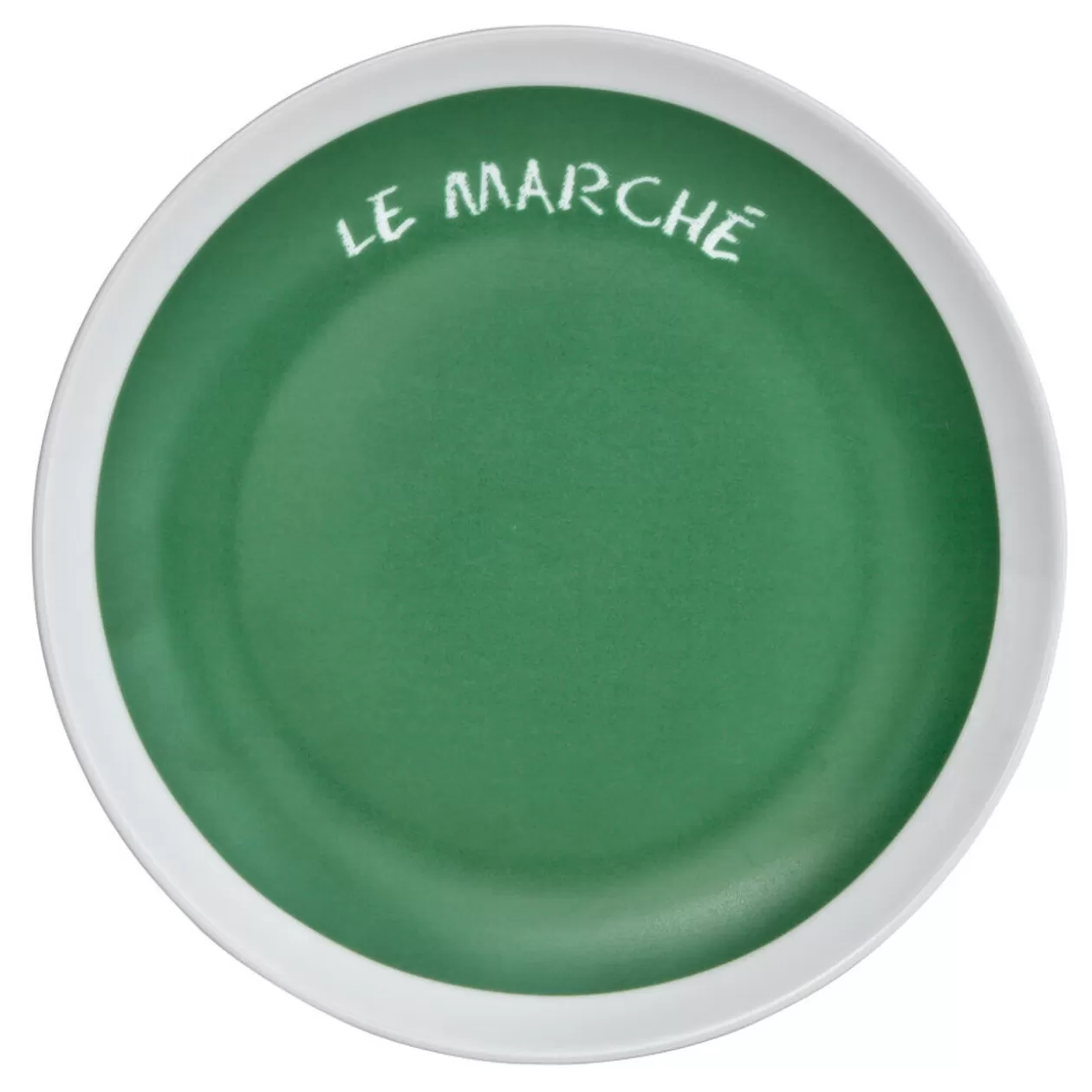 Assiette à dessert verte contour blanc inscription Le marché>Gifi New