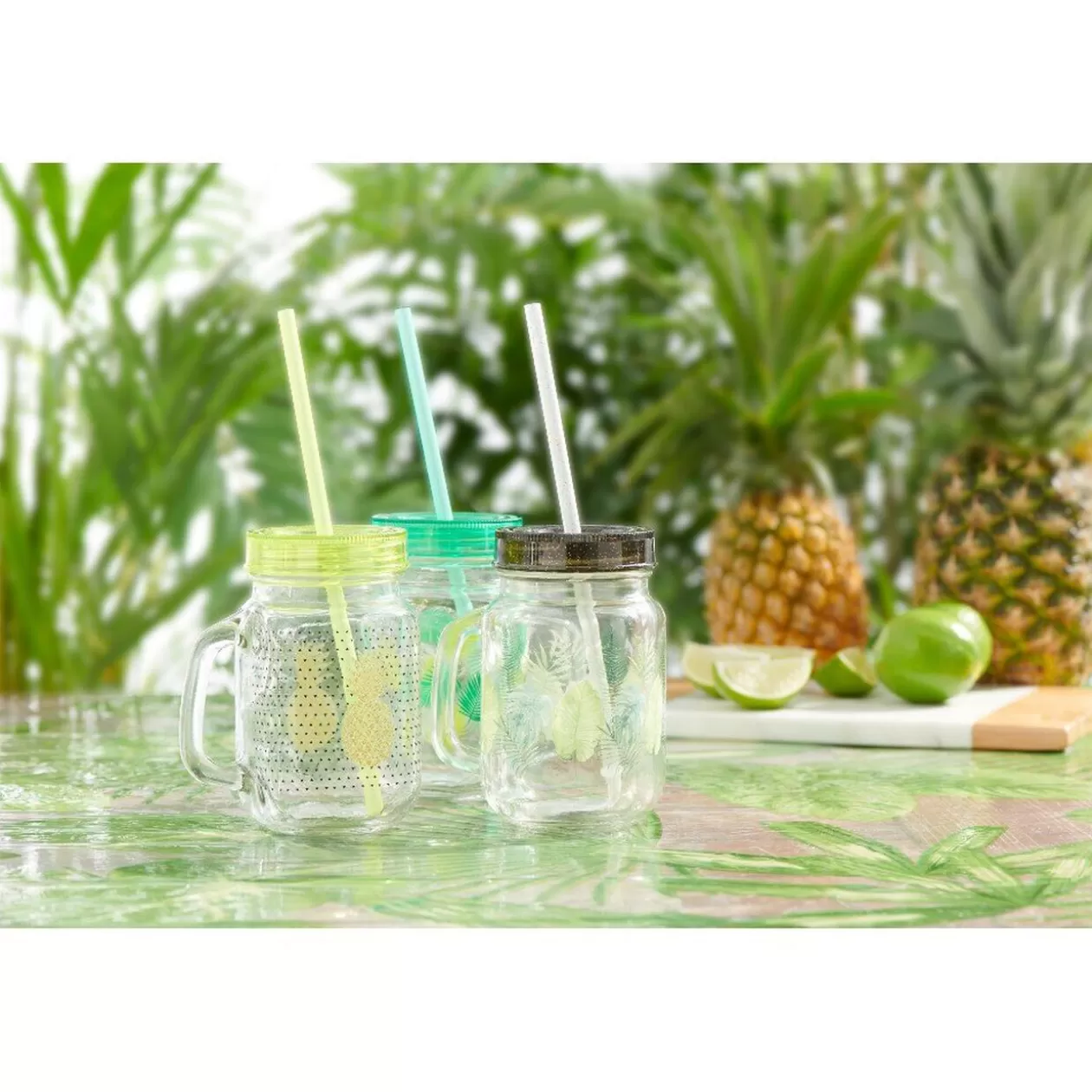 Gifi Bocal à anse avec paille motif exotique< Vaisselle Et Accessoires De Table