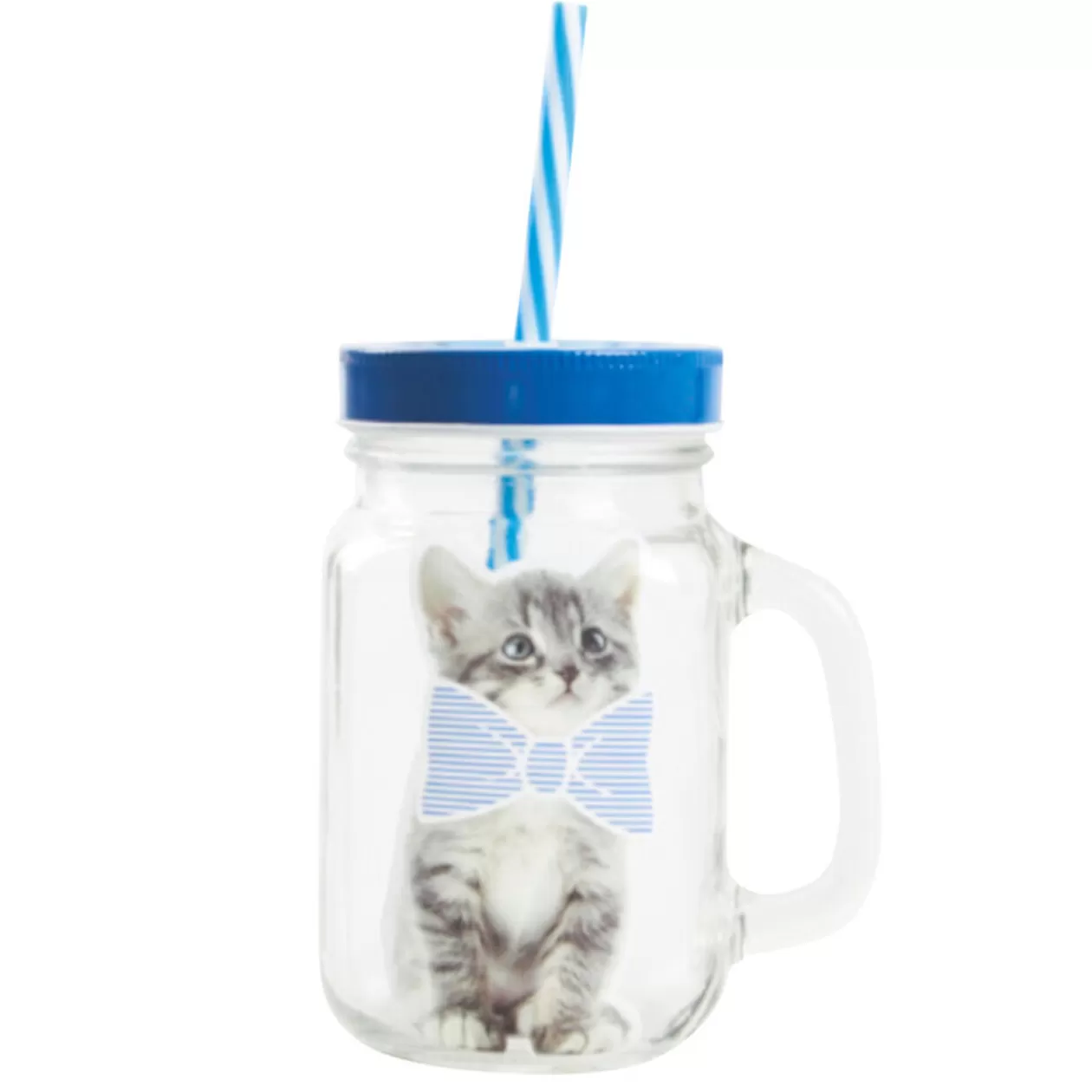 Bocal à paille avec anse et couvercle motif chat bleu et blanc>Gifi Fashion