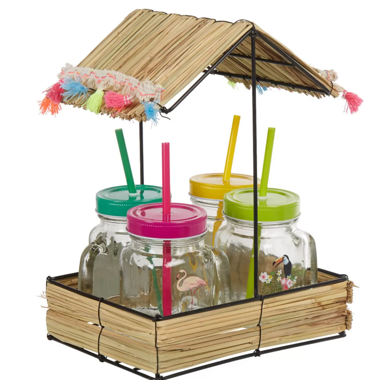 Gifi Bocal à paille et couvercle style tropical avec support x4< Vaisselle Et Accessoires De Table