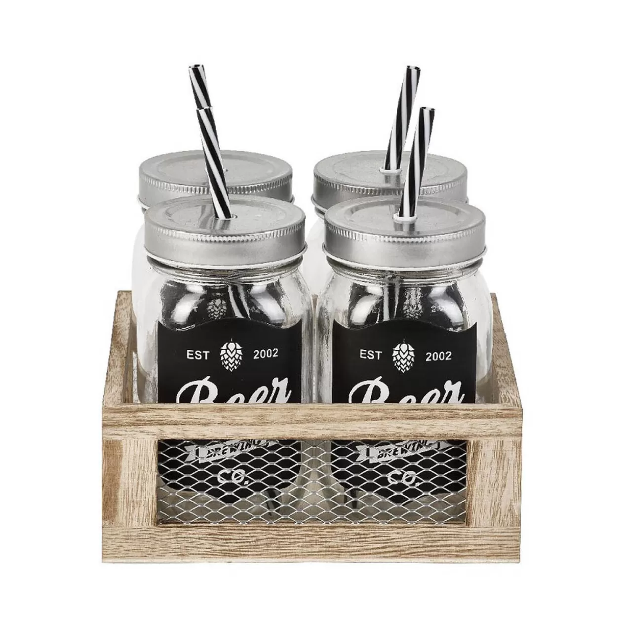 Bocal à paille x4 ardoise et support en bois>Gifi Discount
