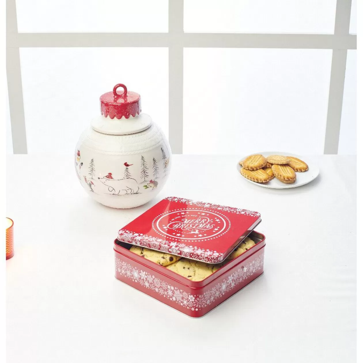 Bonbonnière forme boule de Noël blanche et rouge>Gifi New