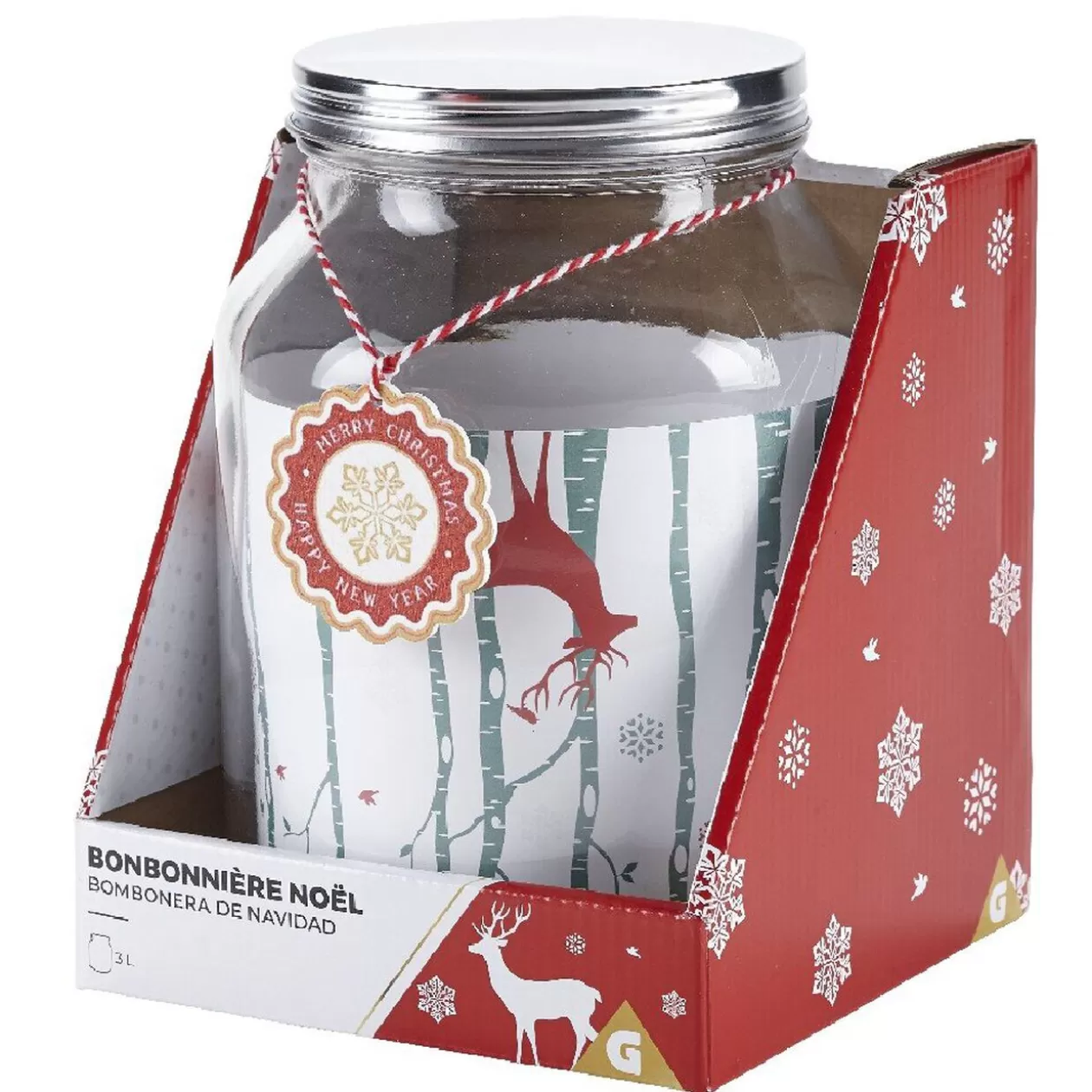 Gifi Bonbonnière Noël rennes verre cordelette rouge et blanc 3 L< Conservation Alimentaire
