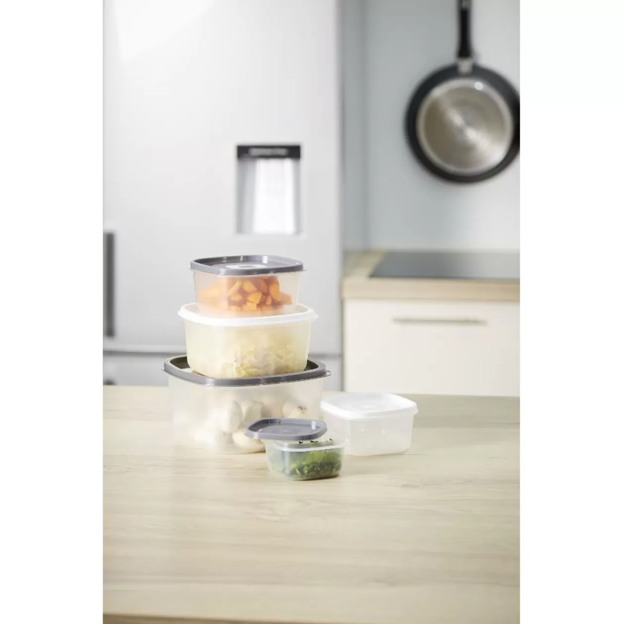 Gifi Boîte alimentaire transparente couvercle gris et blanc x5< Conservation Alimentaire
