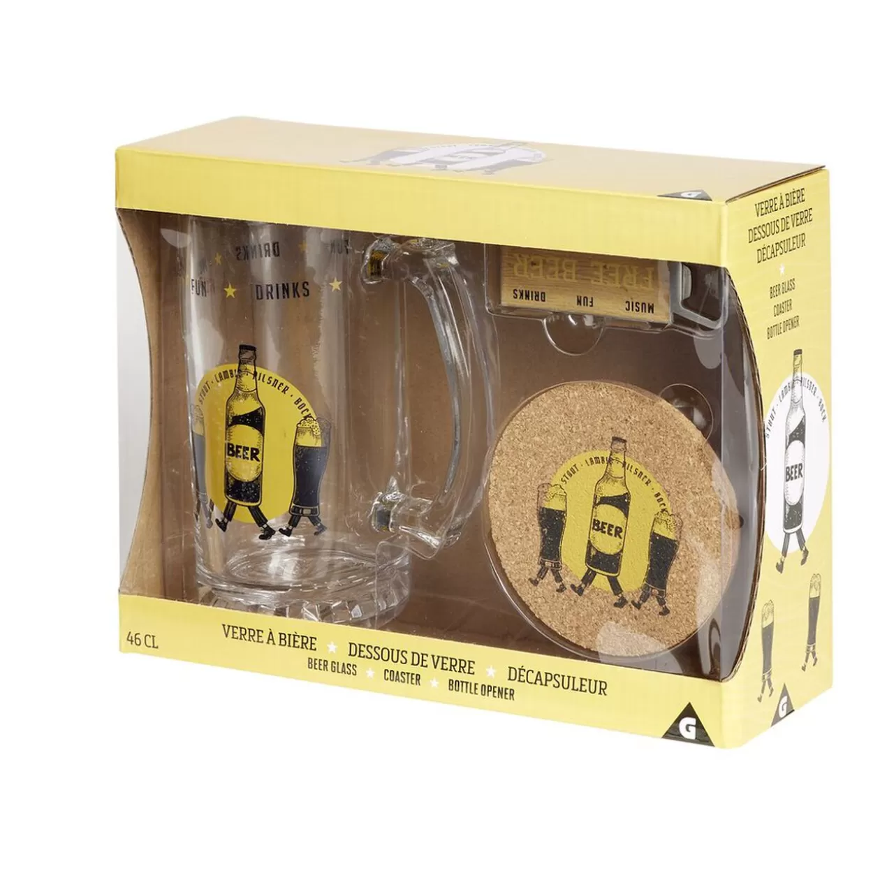 Coffret bière 3 pièces verre décapsuleur et sous-verre - 2 modèles>Gifi Sale