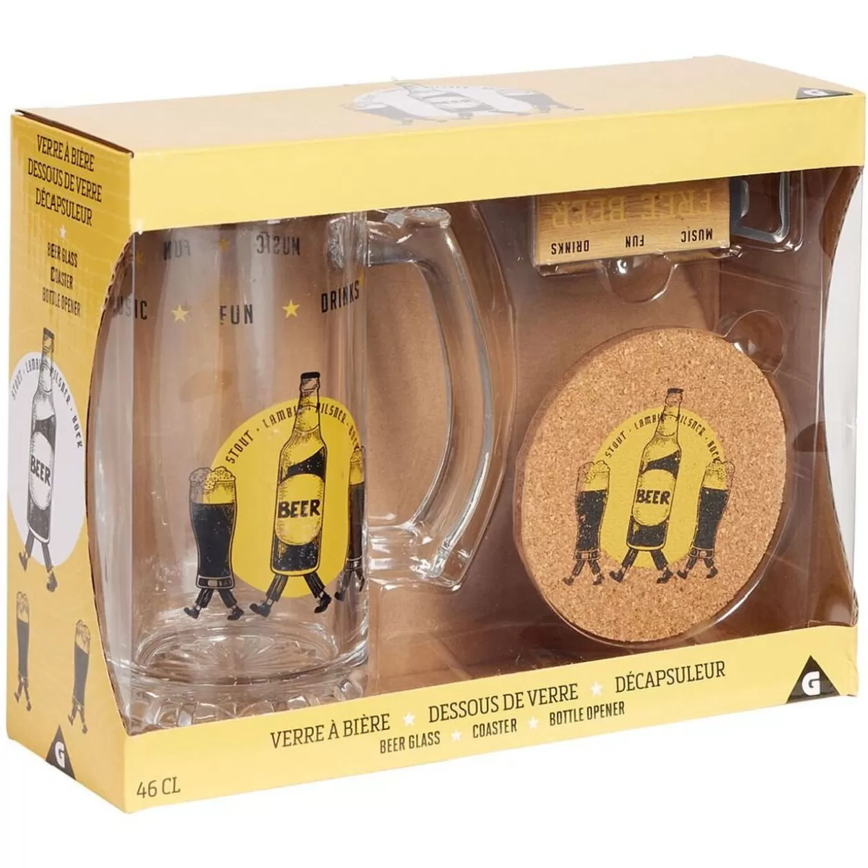 Coffret bière 3 pièces verre décapsuleur et sous-verre - 2 modèles>Gifi Sale