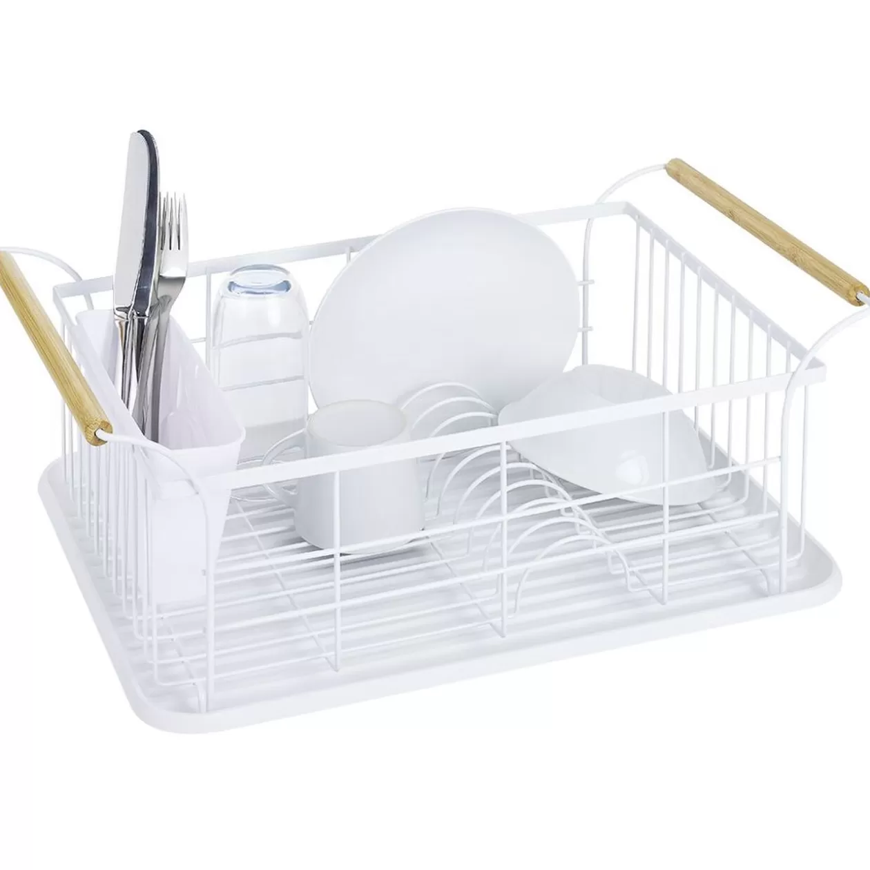 Gifi Egouttoir à vaisselle en métal blanc avec poignée en bambou< Rangement De Cuisine