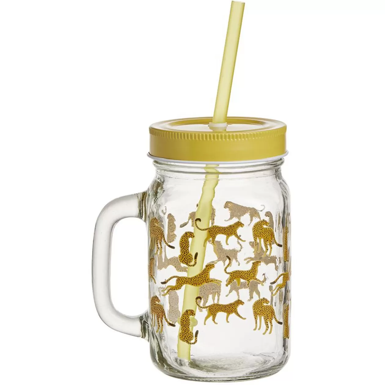 Gifi Gobelet en verre imprimé avec poignée paille et couvercle 480ml< Vaisselle Et Accessoires De Table