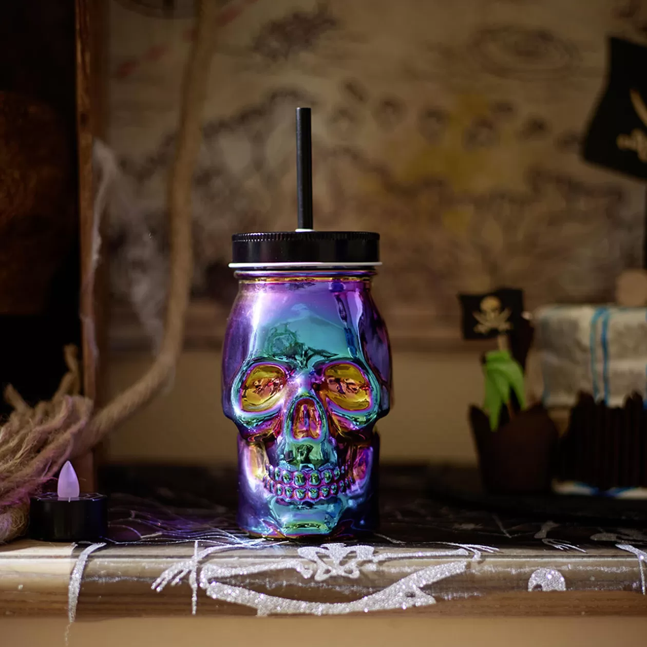 Gobelet verre forme tête de mort couvercle et paille 500 ml>Gifi Online