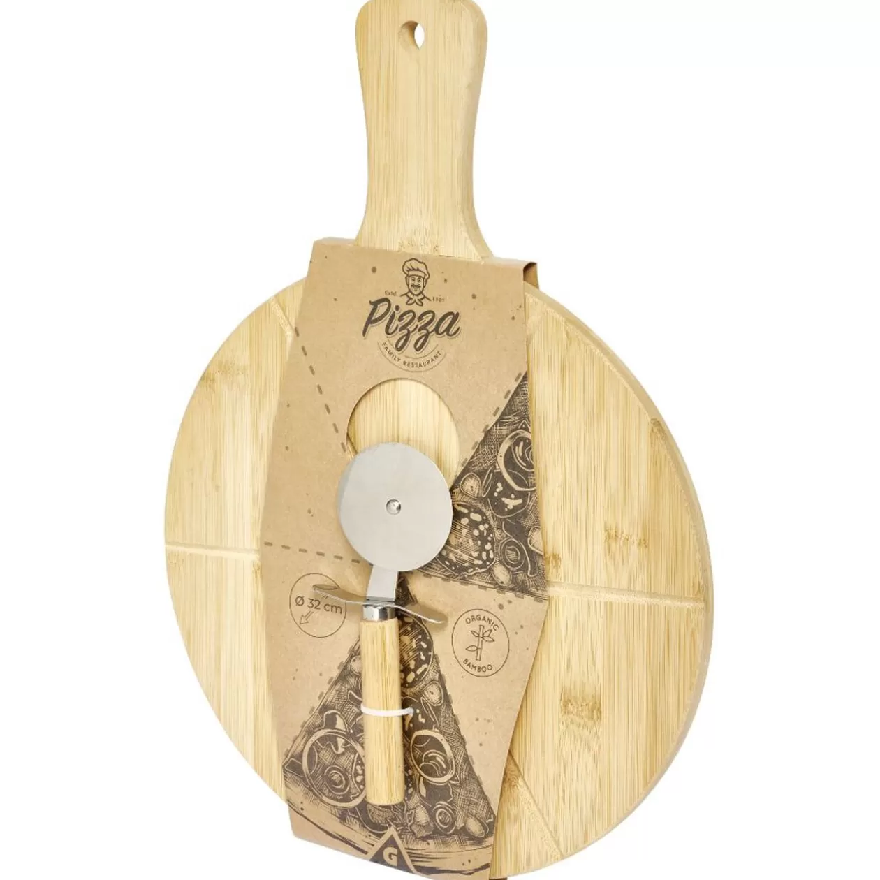 Gifi Planche à découper 6 parts en bambou Ø32cm avec roulette à pizza< Préparation Culinaire