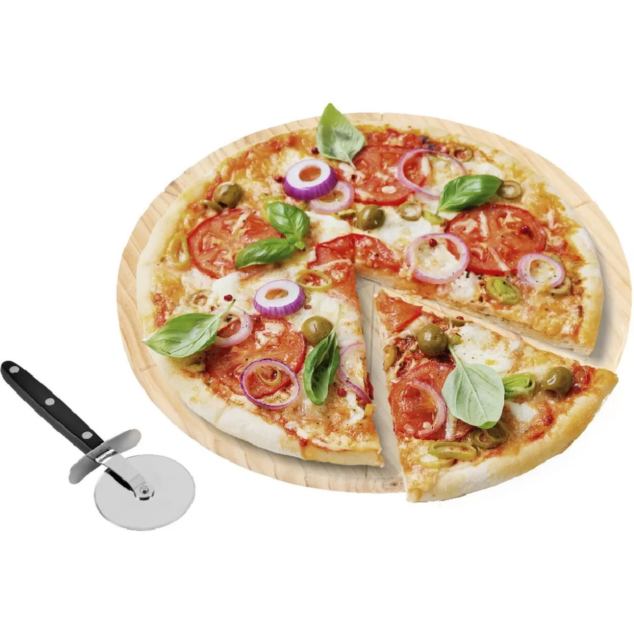 Gifi Planche ronde en bois et roulette à pizza< Préparation Culinaire