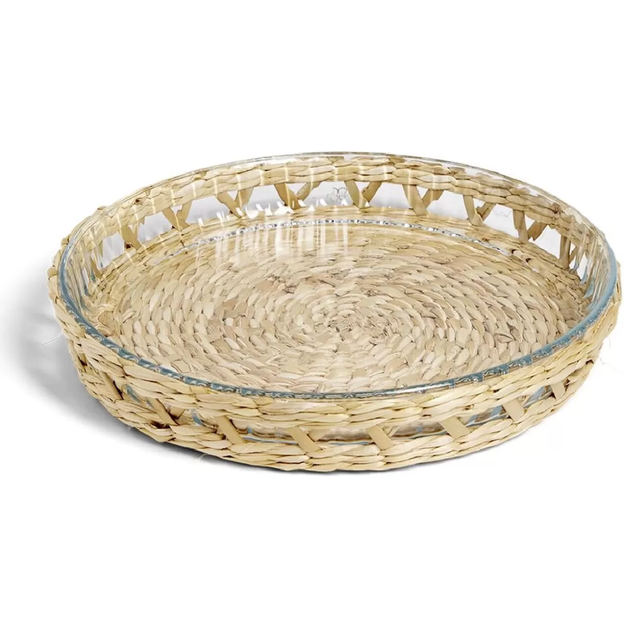 Gifi Plat à four en verre transparent et déco raphia beige Ø27,5xH4,5cm< Cuisson