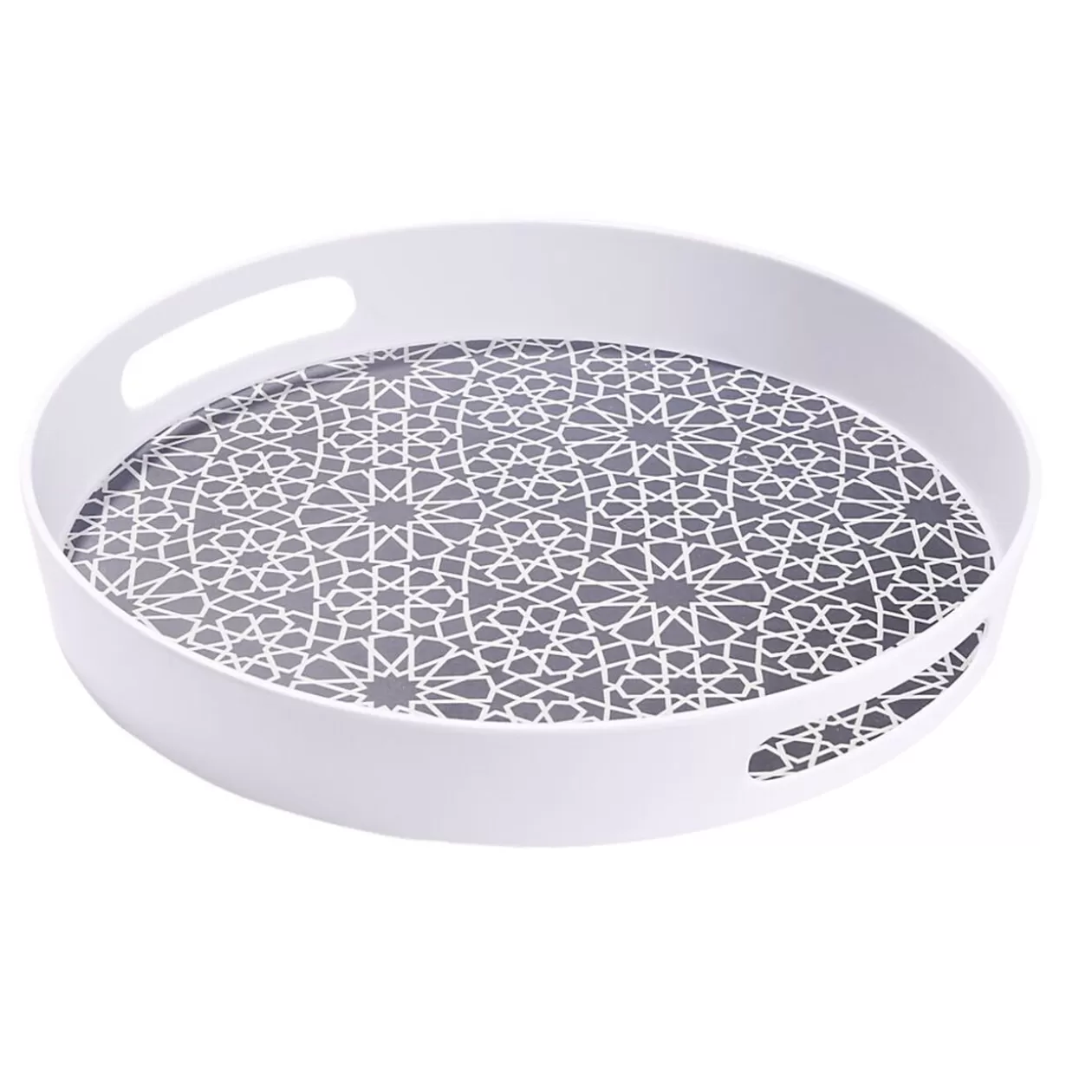 Gifi Plateau rond mélaminé motif géométrique blanc et bleu Ø34,5xH5cm< Vaisselle Et Accessoires De Table