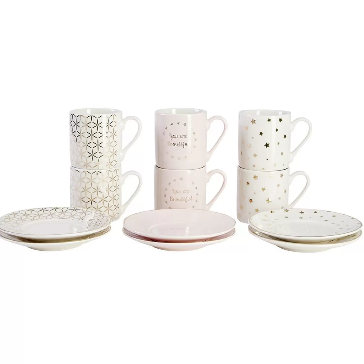 Service à café faïence blanc rose or 6 personnes>Gifi Online