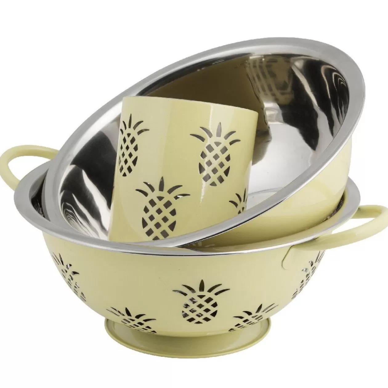 Gifi Set passoire, saladier, porte-ustensiles vert design ananas< Préparation Culinaire