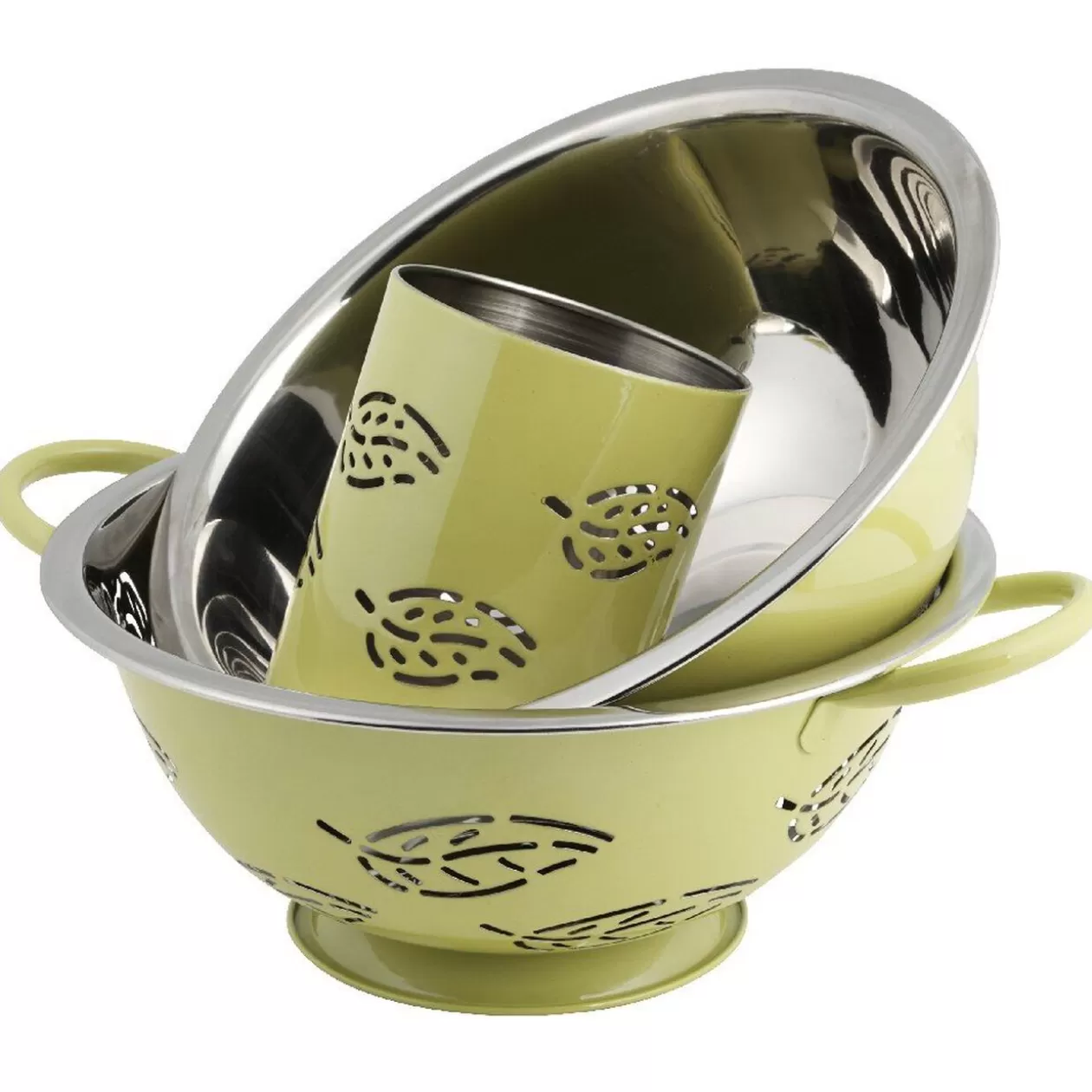 Gifi Set passoire, saladier, porte-ustensiles vert design feuille< Préparation Culinaire
