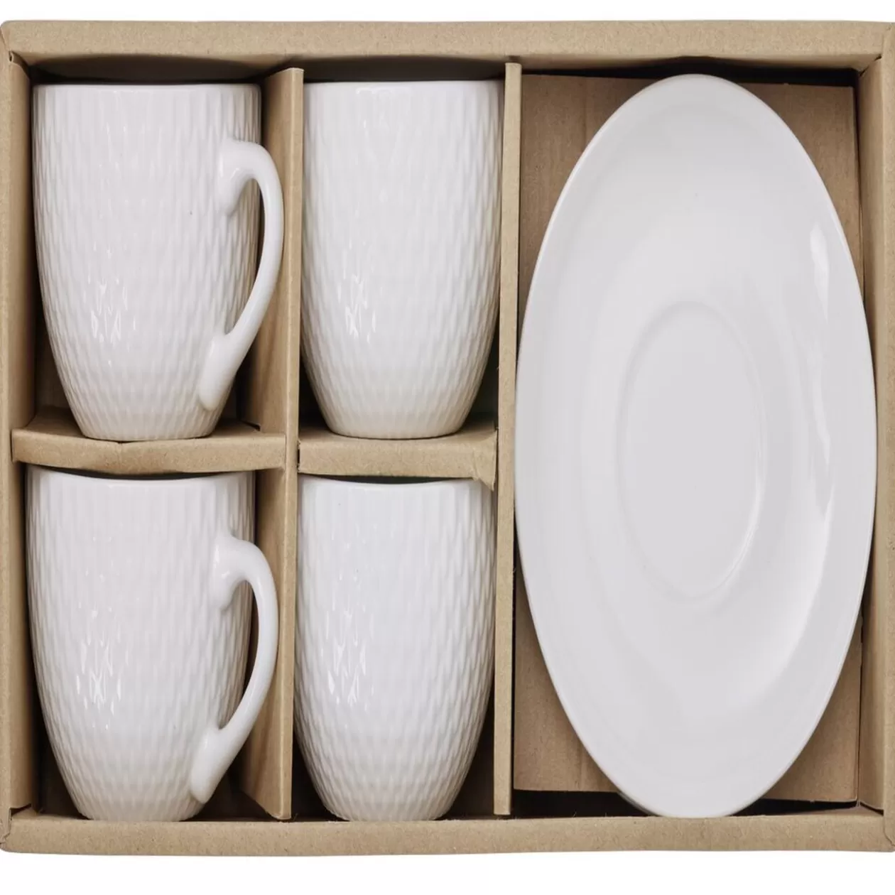 Tasse embossée avec sous-tasse faïence blanc x4>Gifi Online