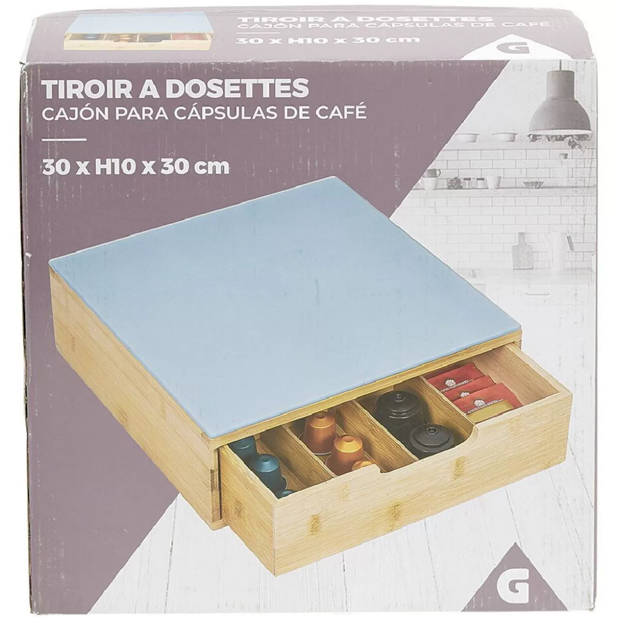 Gifi Tiroir à dosettes en bambou avec plateau en verre< Rangement De Cuisine